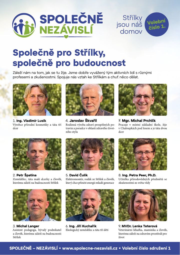 Titulní strana informačního letáku s portréty devíti kandidátů
